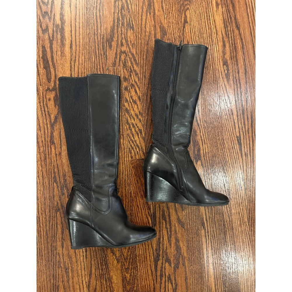Classic Black Wedge Knee-High Boots - Women's